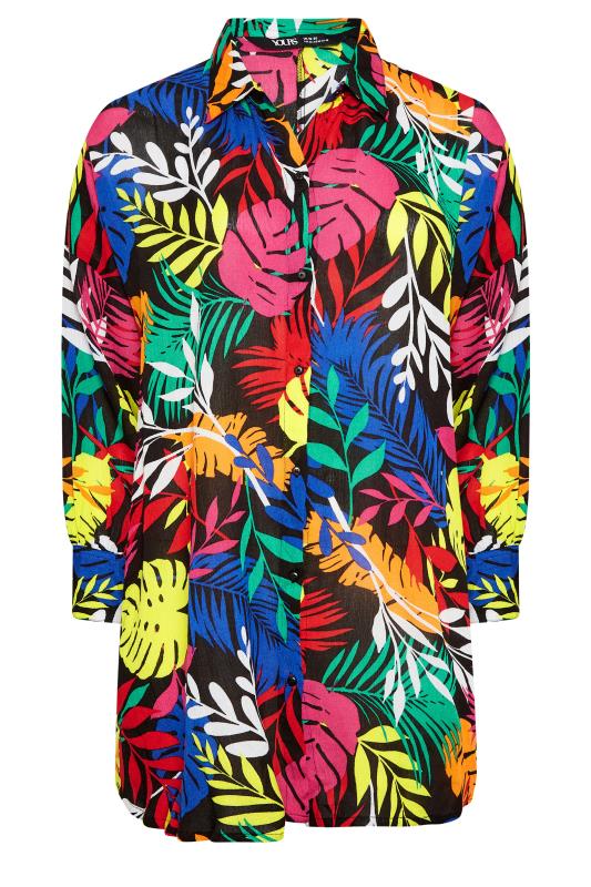 YOURS Plus Size Black Tropical Print Crinkle Beach Shirt | Yours Clothing 6