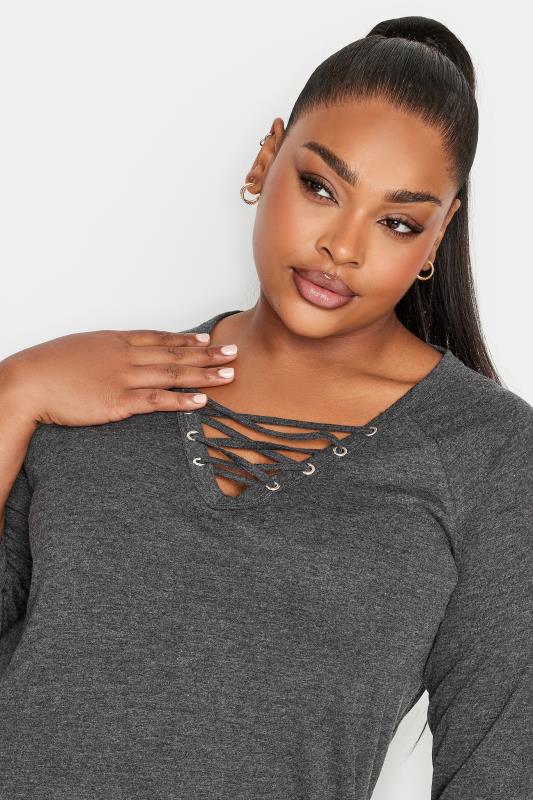 YOURS Plus Size Grey Lace Up Eyelet Top | Yours Clothing 4