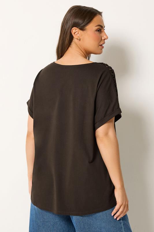 YOURS Plus Size Brown Lattice Grown On Sleeve T-Shirt | Yours Clothing 2