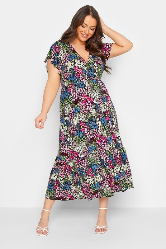 YOURS Plus Size Black & Green Ditsy Print Frill Sleeve Wrap Maxi Dress | Yours Clothing 1