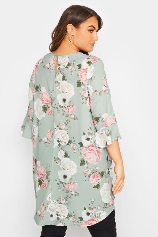 YOURS LONDON Plus Size Sage Green Floral Print Flute Sleeve Tunic Top | Yours Clothing 3