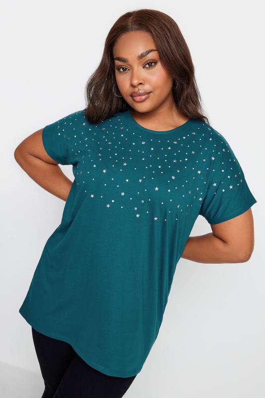 YOURS Plus Size Teal Blue Embellished Front T-Shirt | Yours Clothing 4