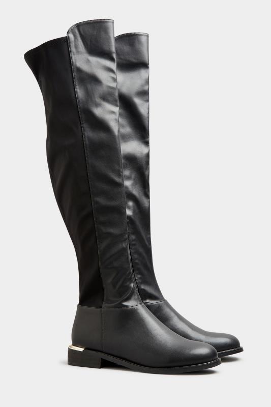 LTS Black Faux Leather Over The Knee Stretch Boots In Standard D Fit | Long Tall Sally 1