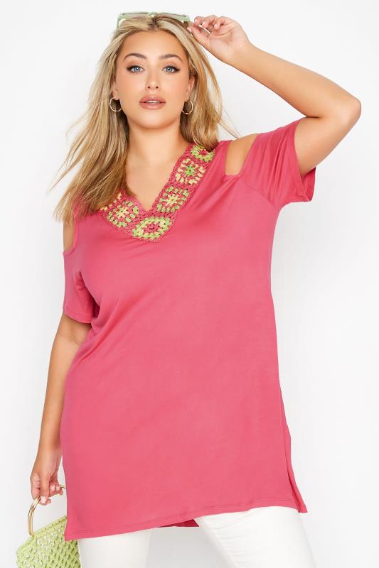 Plus Size Pink Crochet Neckline Cold Shoulder Top | Yours Clothing 1