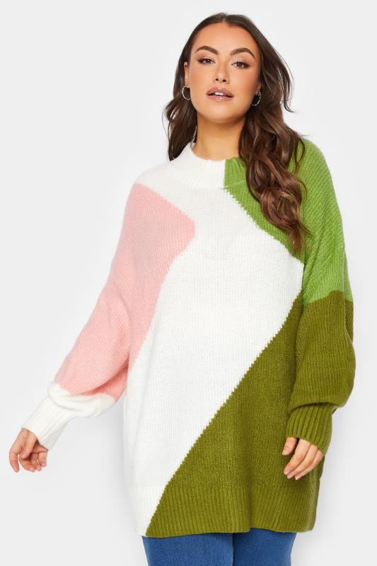 dla puszystych YOURS Curve Green & Pink Colourblock Knitted Jumper