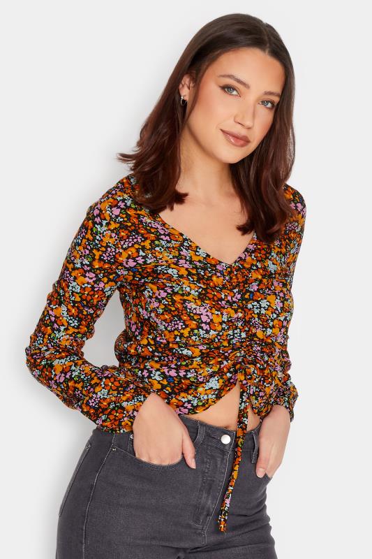 LTS Tall Orange Ditsy Floral Ruched Top | Long Tall Sally  1