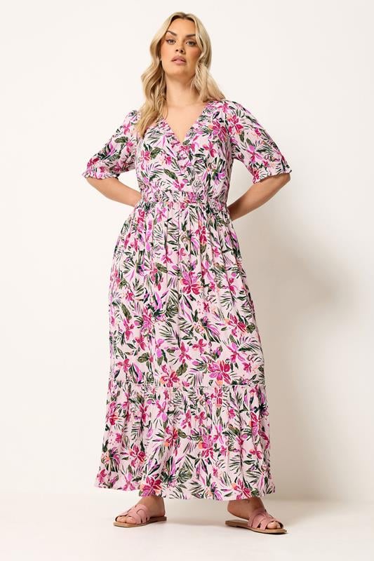  YOURS vestido largo rosa tropical con cuello fruncido