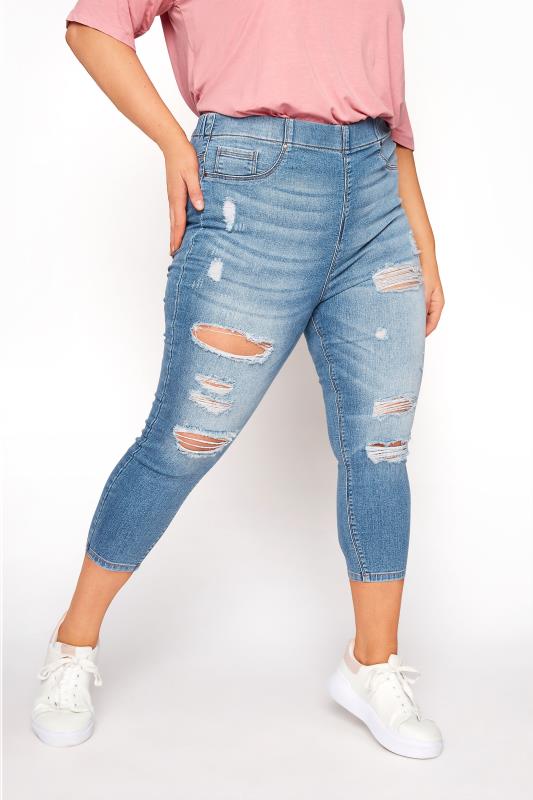  YOURS FOR GOOD Washed Blue Ripped Cropped JENNY Jeggings