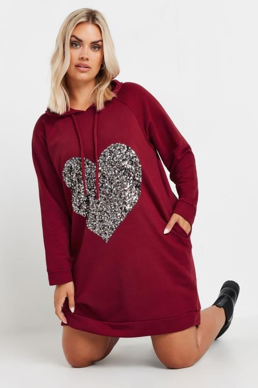 Plus Size  YOURS Curve Red Sequin Embellished Heart Hoodie Dress