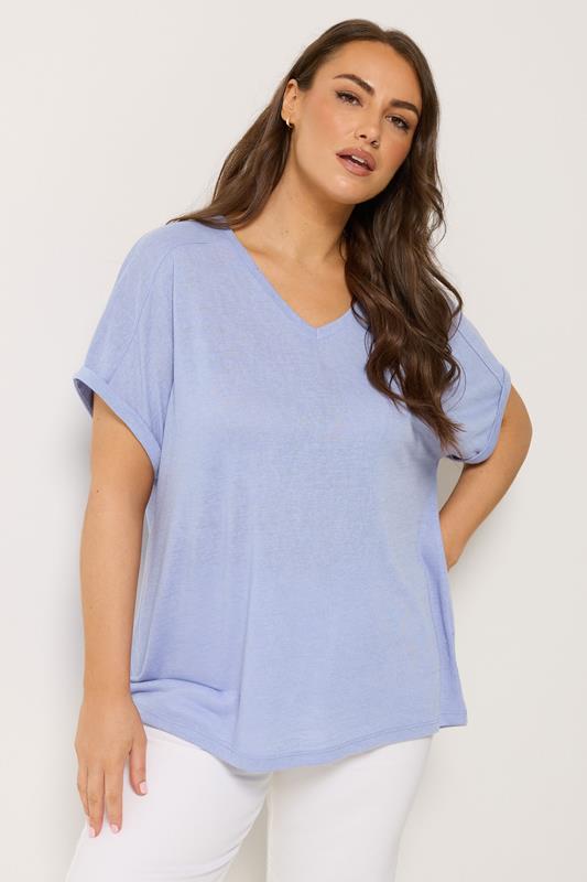  YOURS Curve Light Blue Premium Linen Look T-Shirt