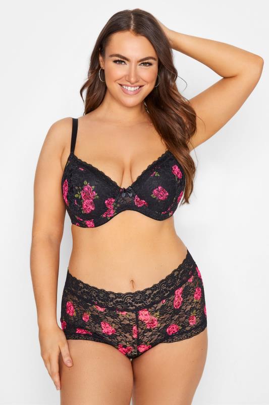 Plus Size Black Rose Floral Lace Padded Underwired T-Shirt Bra | Yours Clothing 2