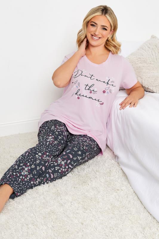 YOURS Curve Pink 'Don't Wake the Dreamer' Slogan Pyjama Set | Yours Clothing 1