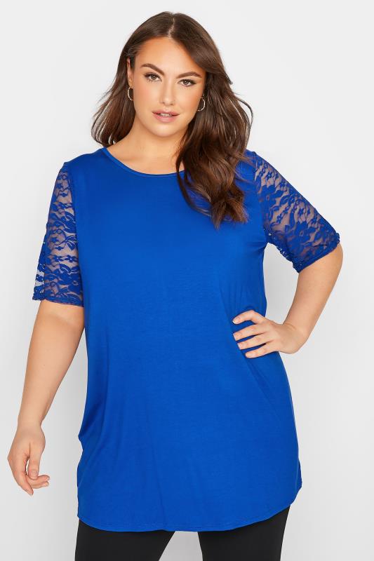 LIMITED COLLECTION Curve Cobalt Blue Lace Sleeve T-Shirt_A.jpg