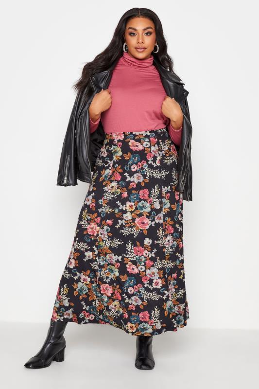 Plus Size  Black Floral Maxi Skirt