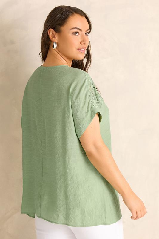 EVANS Plus Size Green Lace Detail Short Sleeve Top | Evans  2