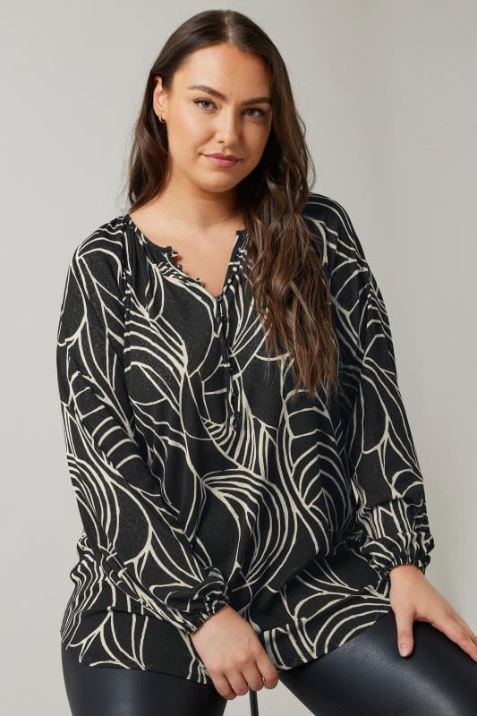 EVANS Plus Size Black Linear Print Long Sleeve Blouse | Evans 1