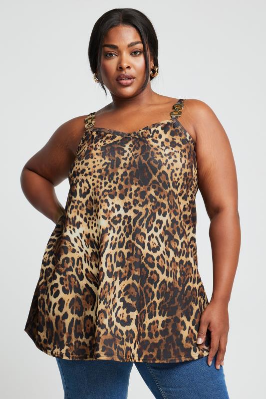 LIMITED COLLECTION Plus Size Brown Leopard Print Chain Strap Cami Top | Yours Clothing 1