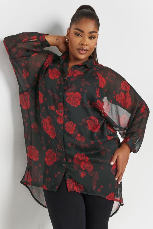 YOURS Plus Size Black Floral Print Dipped Hem Shirt | Yours Clothing 4