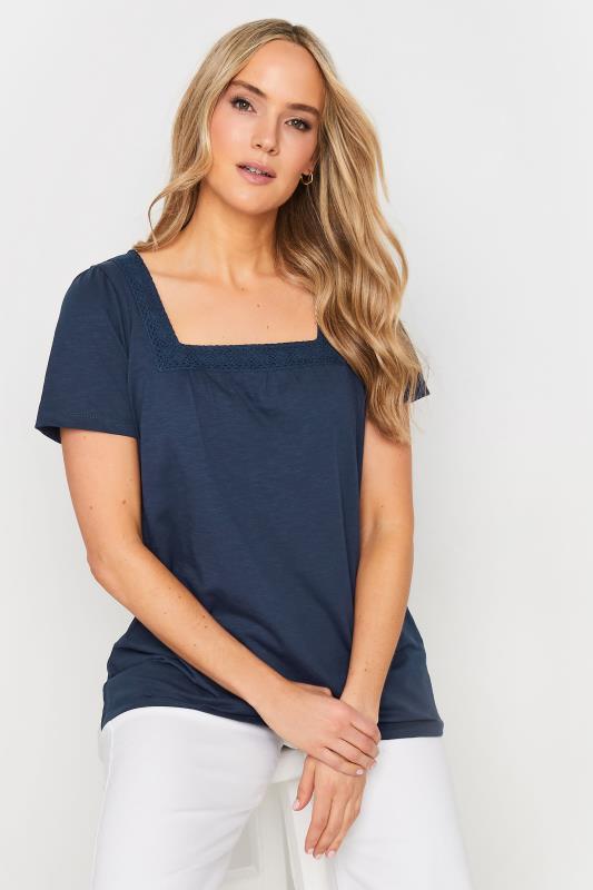 LTS Tall Women's Navy Blue Crochet Trim T-Shirt | Long Tall Sally 1