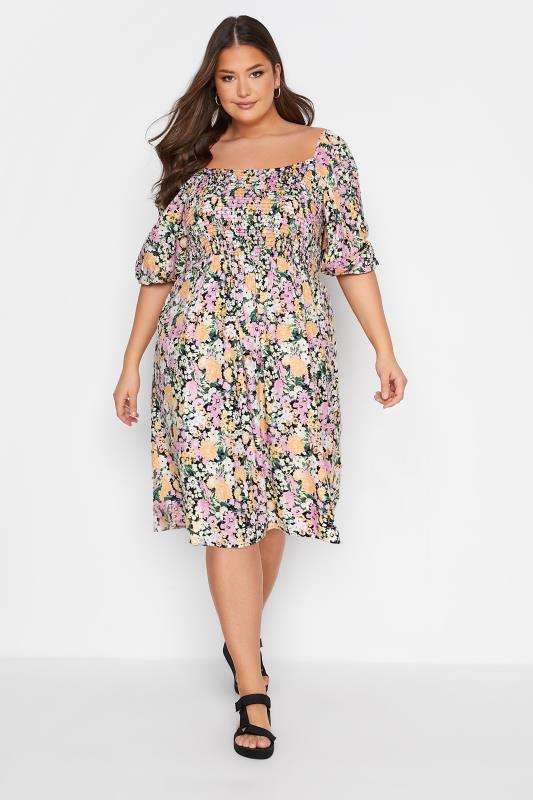 Plus Size Pink Floral Shirred Balloon Sleeve Midi Dress | Yours Clothing 2