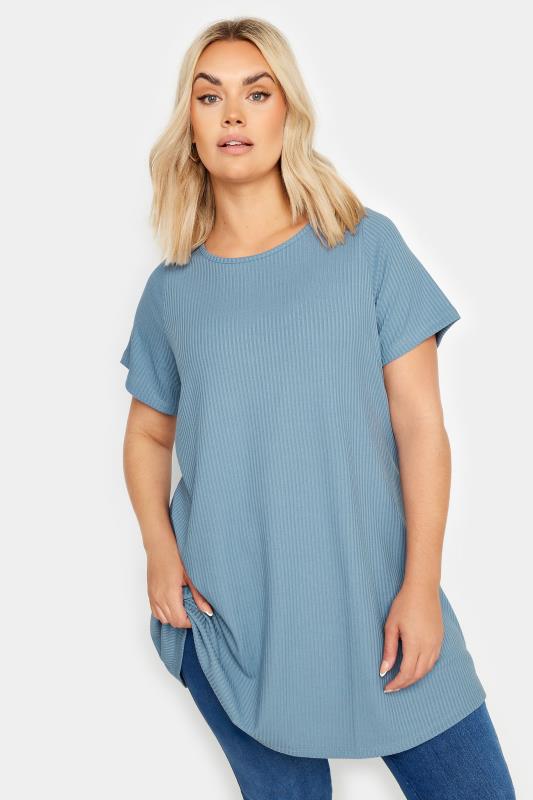 Plus Size  YOURS Curve Blue Ribbed Short Sleeve Swing Top