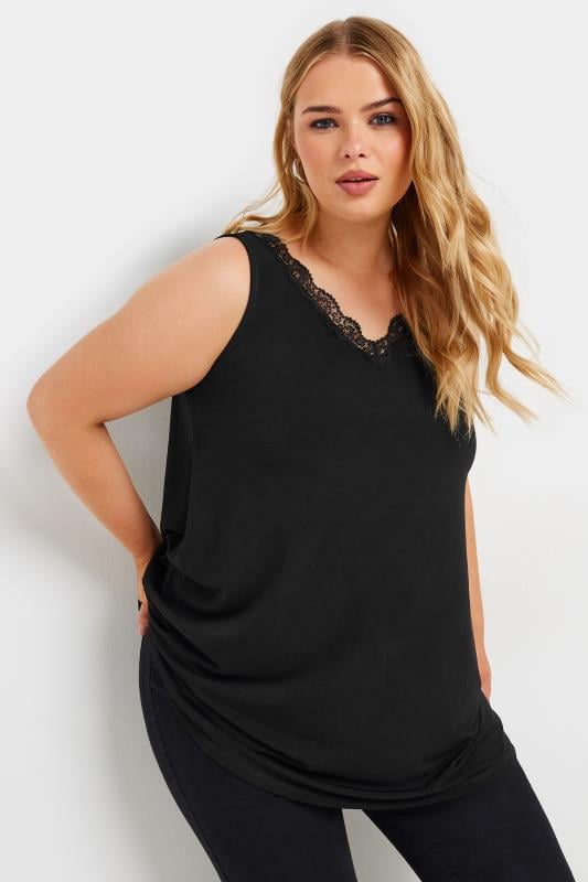 YOURS Plus Size Black Lace Trim Swing Vest Top | Yours Clothing 4