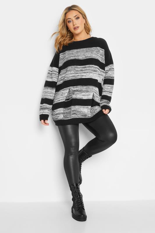 Plus Size Black Distressed Stripe Oversized Jumper | Yours Clothing 2