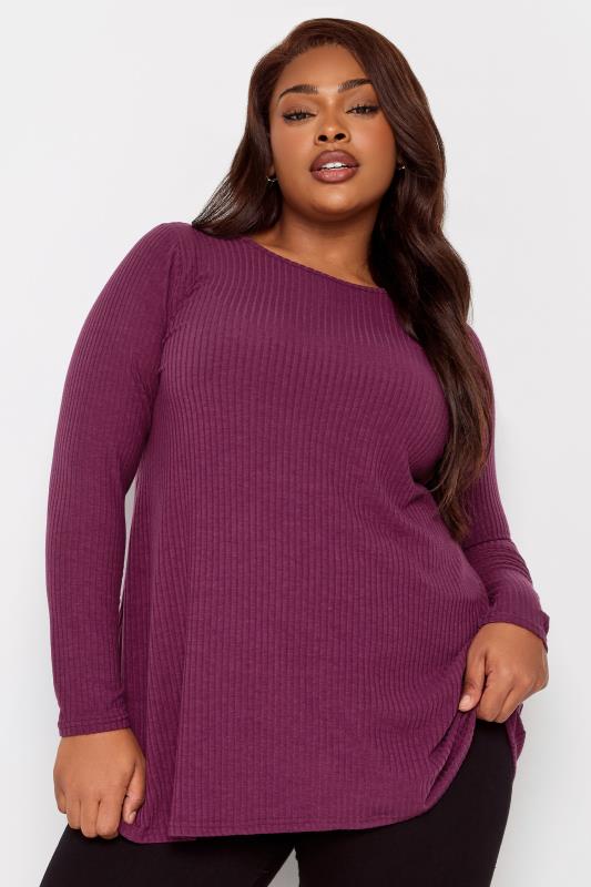  Grande Taille YOURS Curve Purple Ribbed Long Sleeve Swing Top