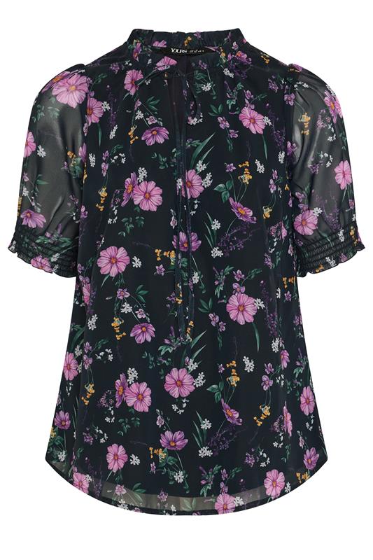 YOURS Plus Size Black Floral Frill Tie Neck Blouse | Yours Clothing 5