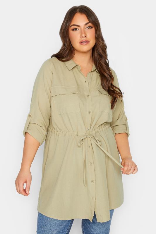 YOURS Plus Size Beige Brown Utility Tunic Linen Look Shirt | Yours Clothing 1