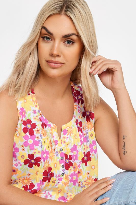 YOURS Plus Size Yellow Floral Print Pintuck Henley Vest Top | Yours Clothing 4