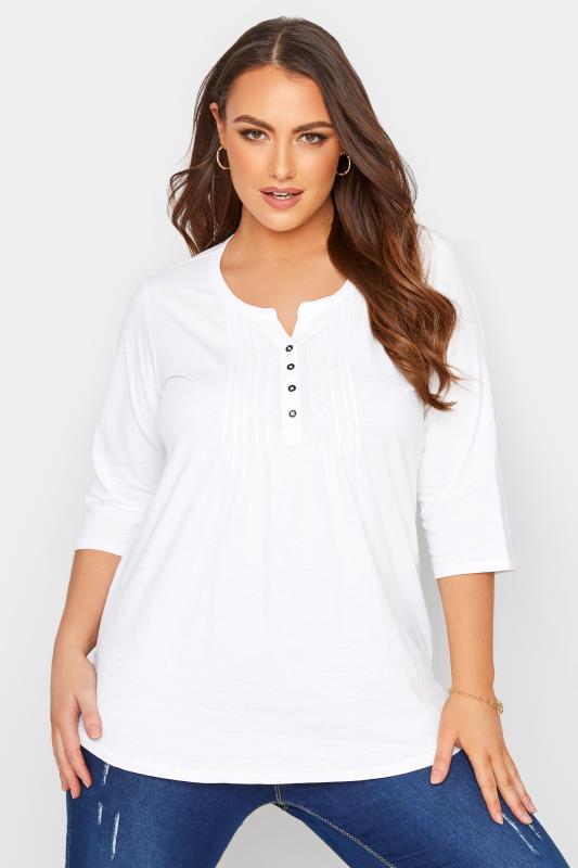 Plus Size YOURS FOR GOOD White Pintuck Henley Top | Yours Clothing 1