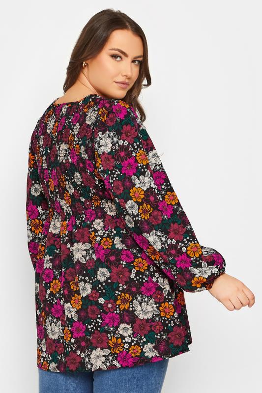 Plus Size Black Floral Print Shirred Top | Yours Clothing 3