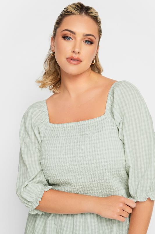 YOURS Plus Size Curve Mint Green Gingham Print Square Neck Shirred Top | Yours Clothing 4