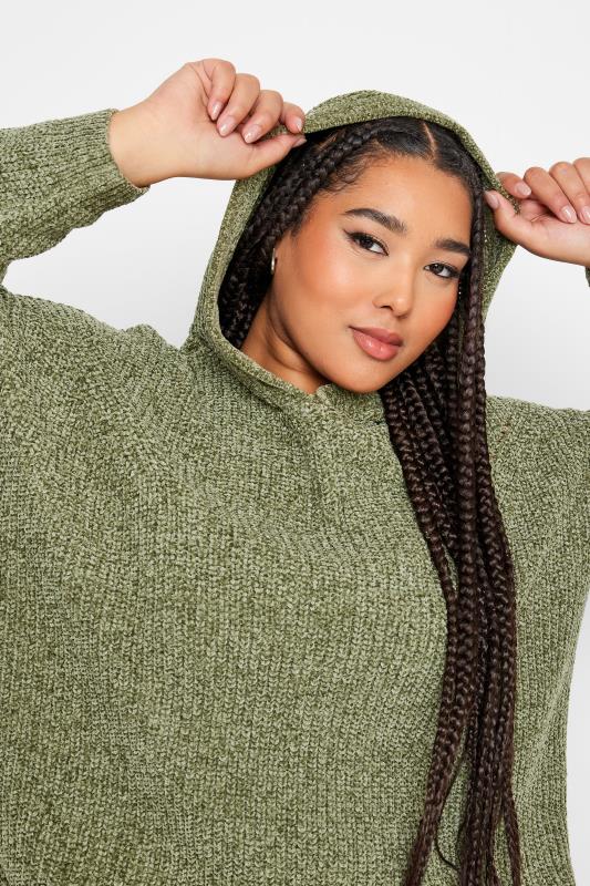 YOURS Plus Size Khaki Green Chenille Knitted Hoodie | Yours Clothing 4
