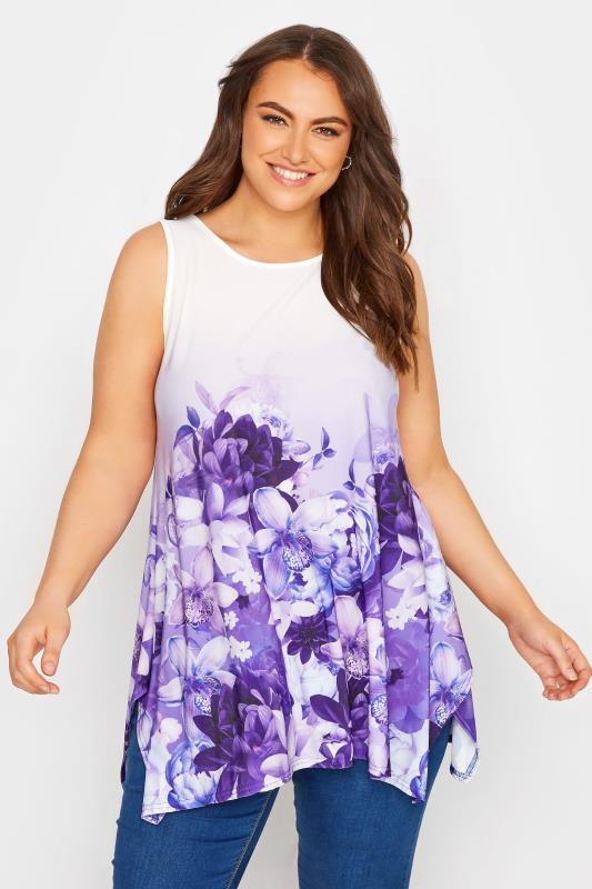 Plus Size  YOURS LONDON Curve Purple Floral Hanky Hem Vest Top