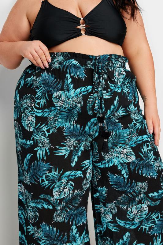 YOURS Plus Size Black Tropical Print Crinkle Tassel Trousers | Yours Clothing 6