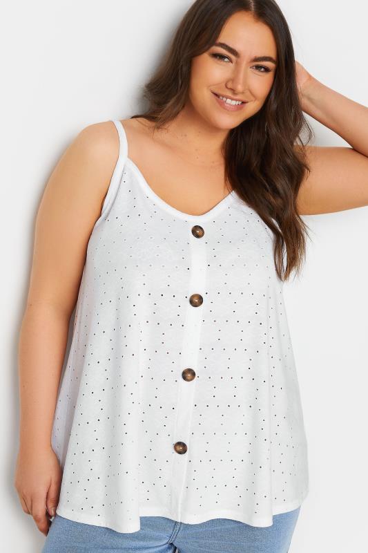 YOURS Plus Size White Broderie Anglaise Button Front Cami Top | Yours Clothing 4