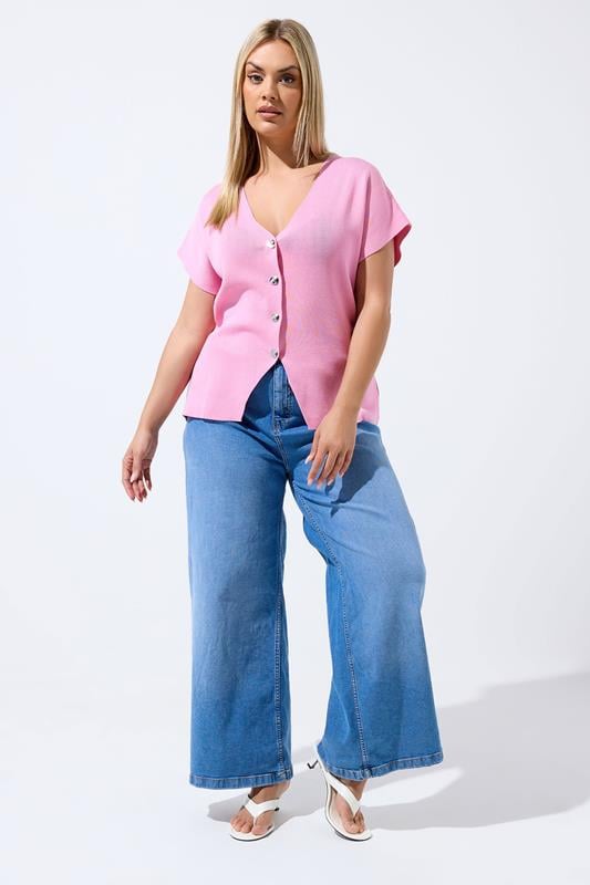 LIMITED COLLECTION Plus Size Pink Short Sleeve Knitted Top | Yours Clothing 1