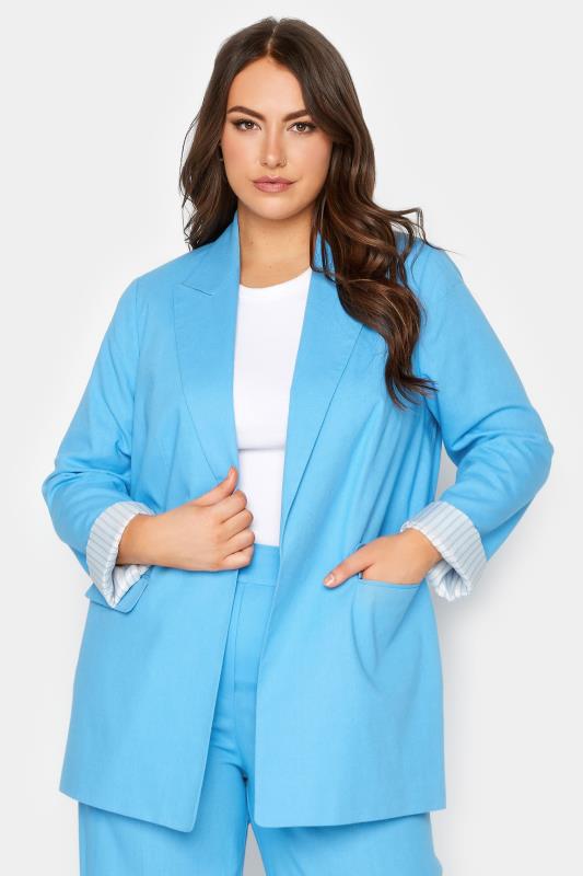 YOURS Plus Size Blue Linen Tailored Blazer | Yours Clothing 2