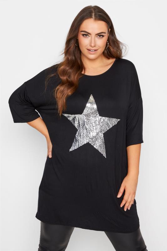 Plus Size  Black Oversized Foil Star T-Shirt