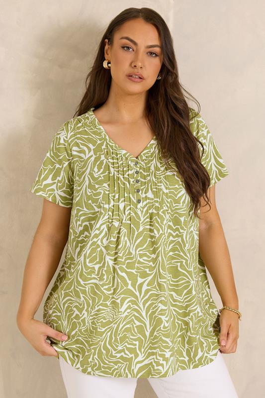 EVANS Plus Size Green Abstract Print Cotton Henley Top | Evans 5