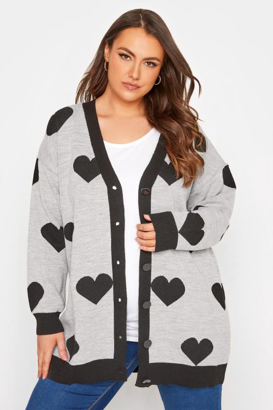 Plus Size Curve Grey & Black Heart Print Knitted Cardigan | Yours Clothing  1
