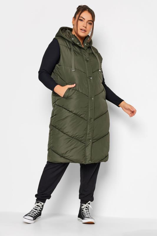 YOURS Curve Green Quilted Longline Hooded Gilet | Yours Clothing 3