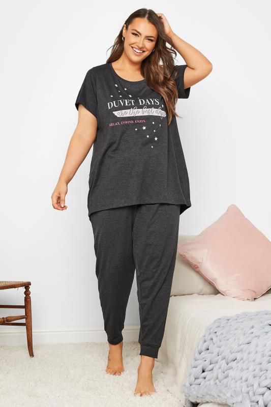Plus Size Grey 'Duvet Days' Slogan Cuffed Pyjama Set | Yours Clothing 2
