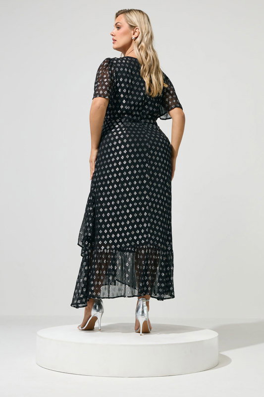 black and silver plus size dress YOURS LONDON & Metallic Ruffle Wrap offering a flattering silhouette