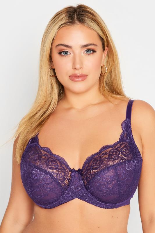 Plus Size Purple Stretch Lace Non-Padded Underwired Balcony Bra | Yours Clothing 1