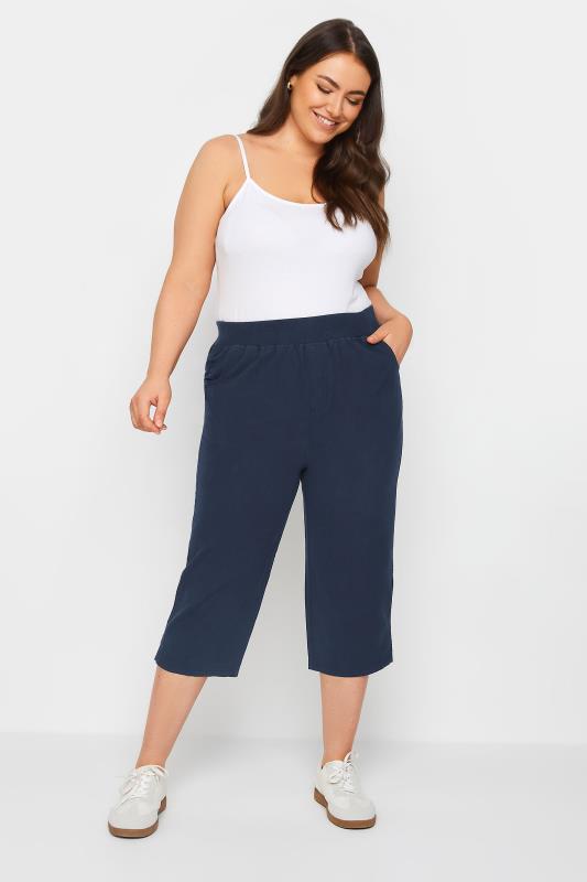 Plus Size  Navy Blue Elasticated Cool Cotton Cropped Trousers