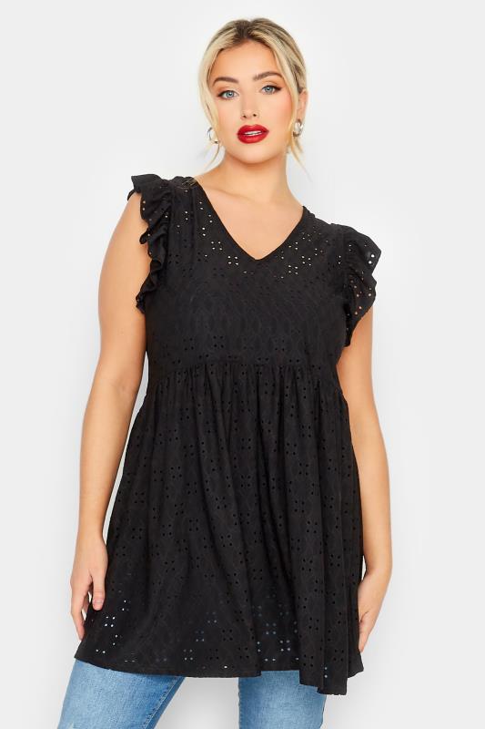 LIMITED COLLECTION Plus Size Black Broderie Anglaise Frill Top | Yours Clothing 1