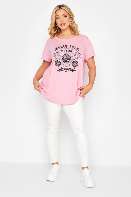 YOURS Plus Size Pink 'World Tour' Studded Print T-Shirt | Yours Clothing 2